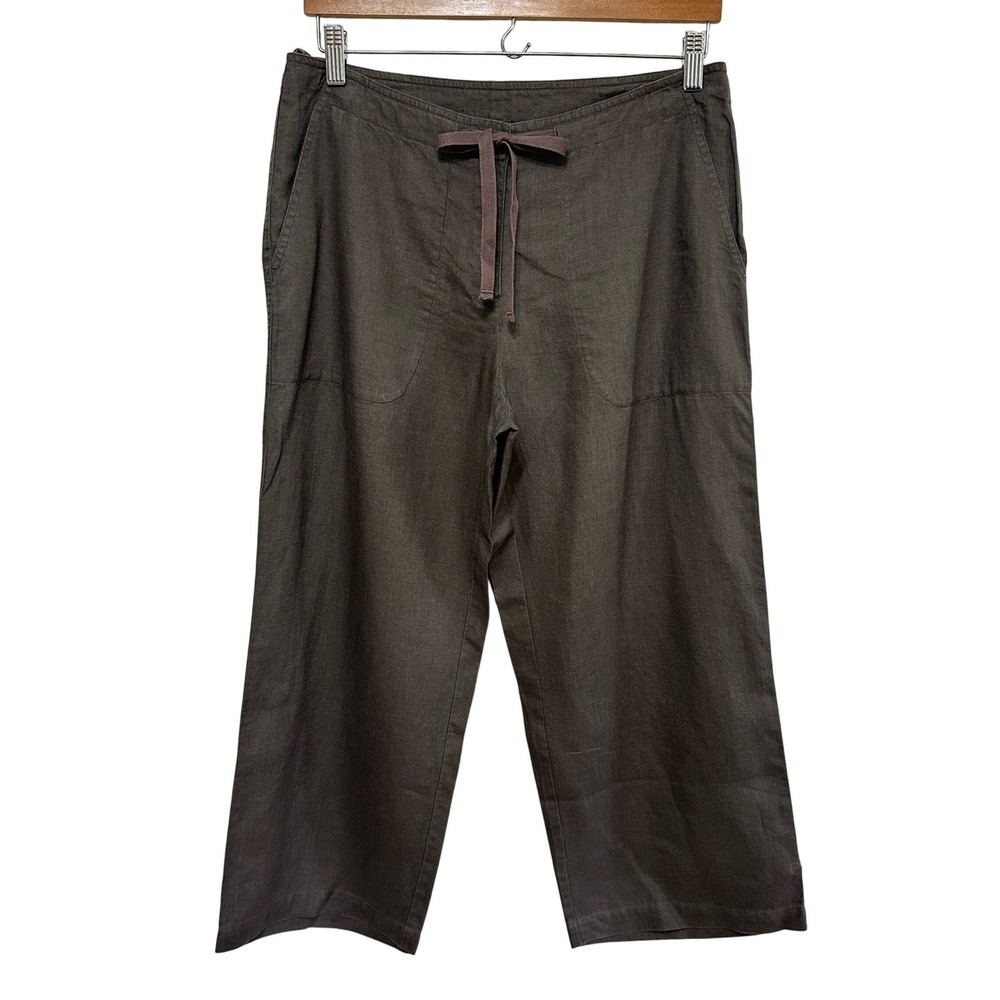 Eileen Fisher Organic Linen Crop Pants Womens Small Brown Drawstring Wide Leg